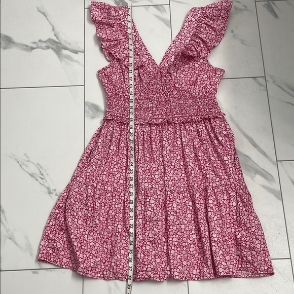 Pink Floral Ruffle Mini Dress V Neck V Back Pockets Smocked Bodice Size L Tall - Picture 16 of 16